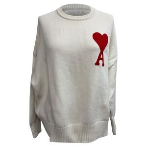AMI Paris Ami De Coeur Crewneck Sweater in Cream Cotton